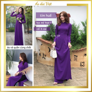 Áo dài tím huế đậm trơn truyền thống giáo viên công sở may sẵn lụa mỹ cao cấp loại 1 mềm mịn mát