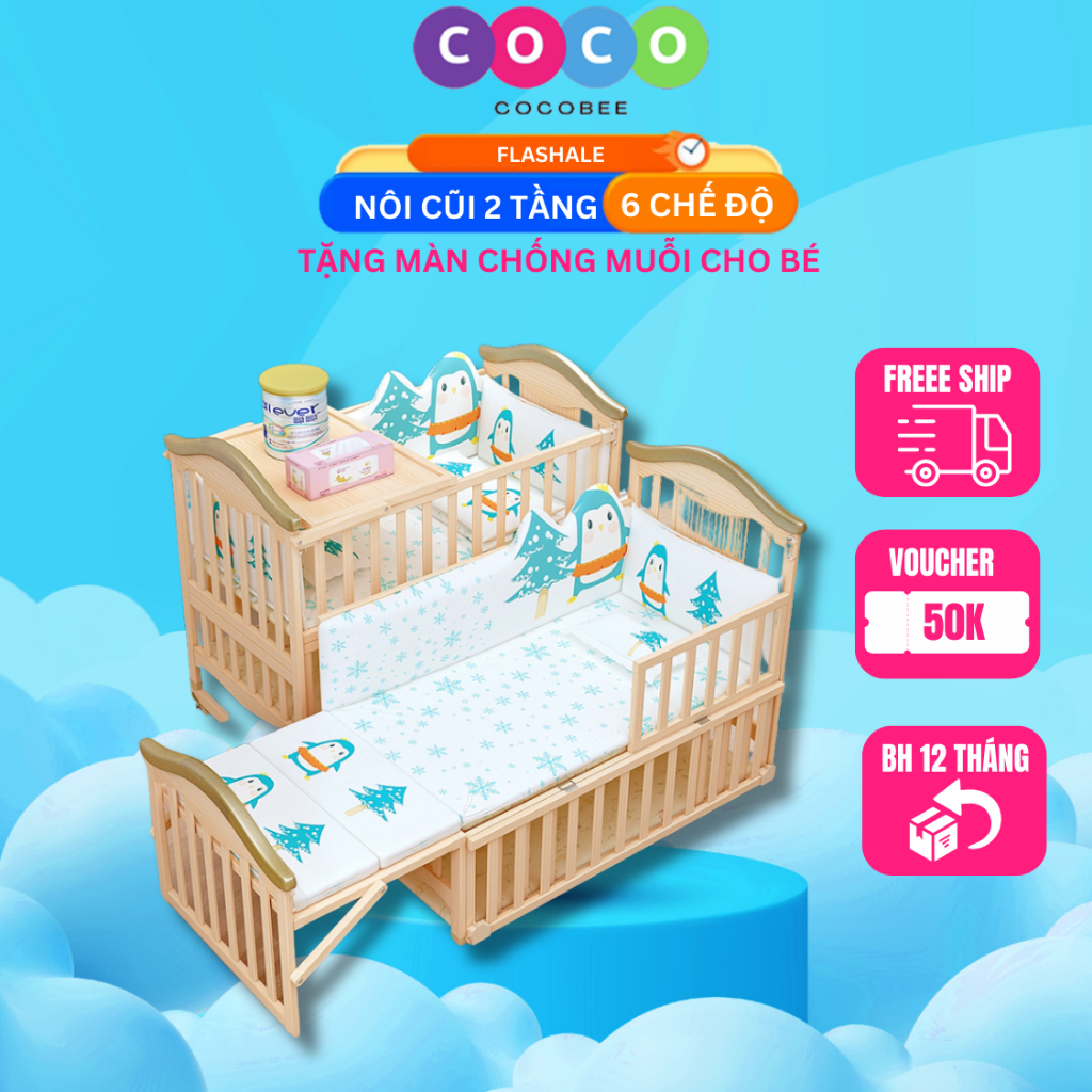 Nôi cũi 2 tầng cho bé sơ sinh đa năng COCOBEE, Sử dụng từ 0 đến 12 tuổi, Bảo hành 3 năm chính hãng