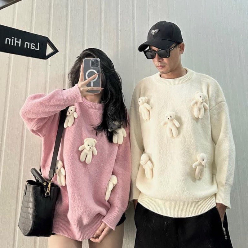 Áo Len Kiểu Chú Gấu Bông Đính Nổi Nam Nữ Mặc Đều Đẹp