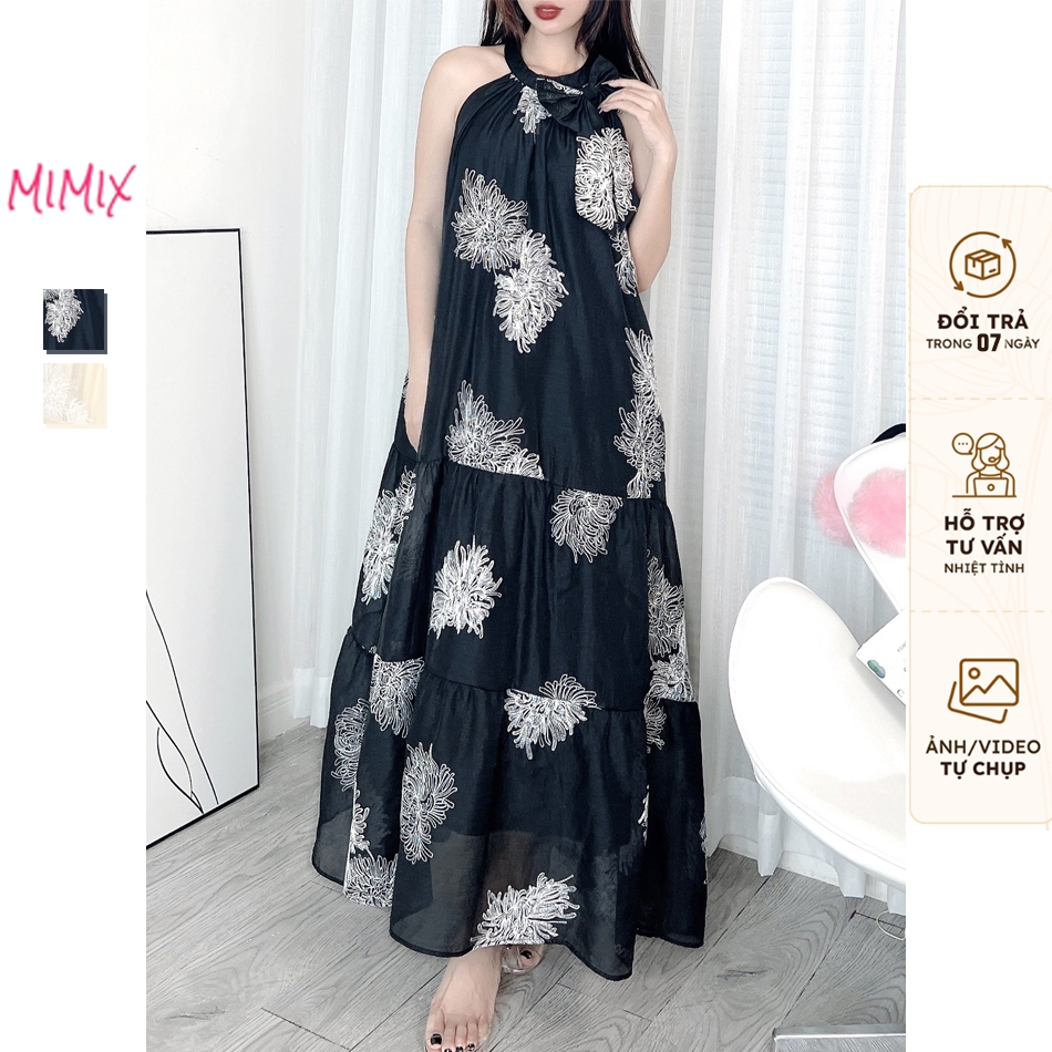 Đầm Maxi Yếm Thêu Chỉ Trắng 2 Màu Trendy Chất Tơ Ruby Thêu 3D MIMIX DY6245