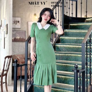Đầm công sở Nhật Vy dáng ôm cổ V đính cúc tay ngắn chất lụa phù hợp đi chơi dạo phố thanh lịch - D2754