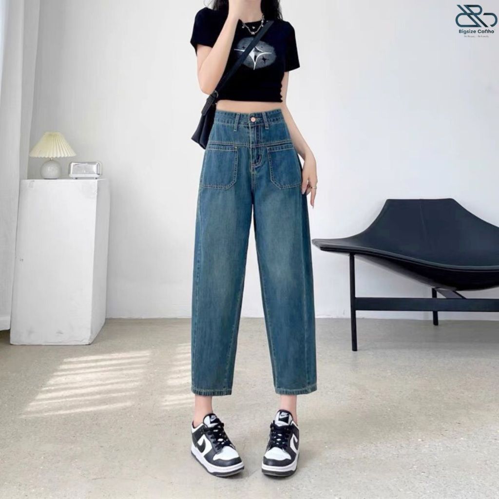 Quần baggy bigsize nữ chất jeans xịn lưng cạp cao phối nút khóa kéo dể phối đồ - J8