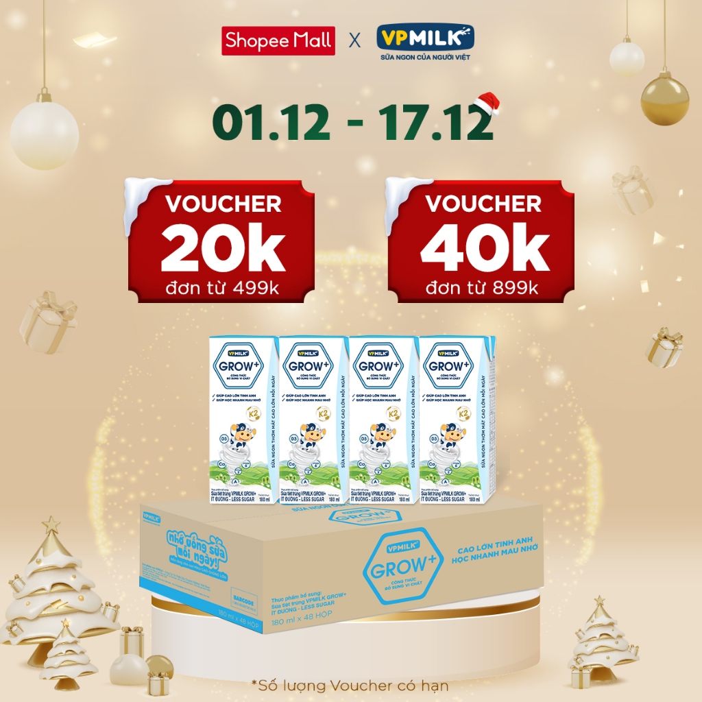 Sữa Tiệt Trùng VPMilk Grow+ Ít Đường hộp 180ml (thùng 48 hộp)