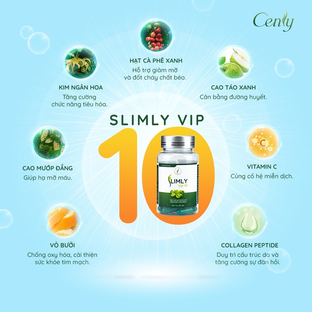 Giảm Cân Slimly Vip 10 Tặng detox Collagen Khoá Cân [BẢN NÂNG CẤP CENLY] x10 hiệu quả