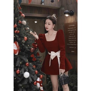 Đầm Nữ Tiểu Thư Dáng Xòe Dáng Cổ Vuông Eo Thắt Nơ V5082