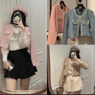 Áo Khoác Dạ tweet croptop viền ngọc có đệm vai