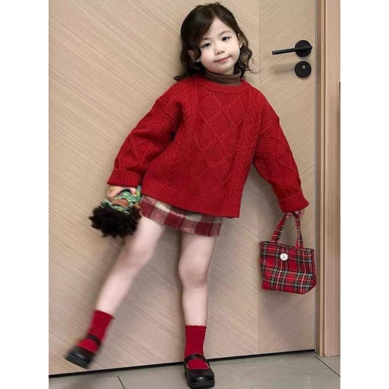 Set Dạ Đỏ phối Áo Len Thừng dáng dài, set váy bé gái mặc tết