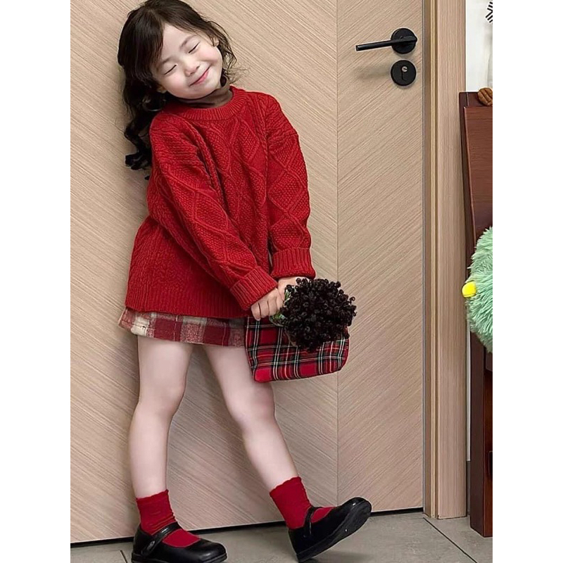 Set Dạ Đỏ phối Áo Len Thừng dáng dài, set váy bé gái mặc tết