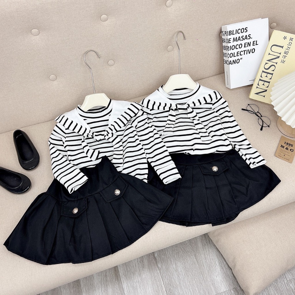 Set bộ Len tăm phối chân váy đen thiết kế, set váy thủy thủ bé gái