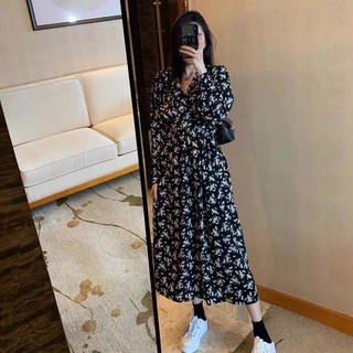 (ORDER) Váy hoa nhí màu đen cổ V dài tay mùa thu dáng dài xòe điệu đà Hàn Quốc