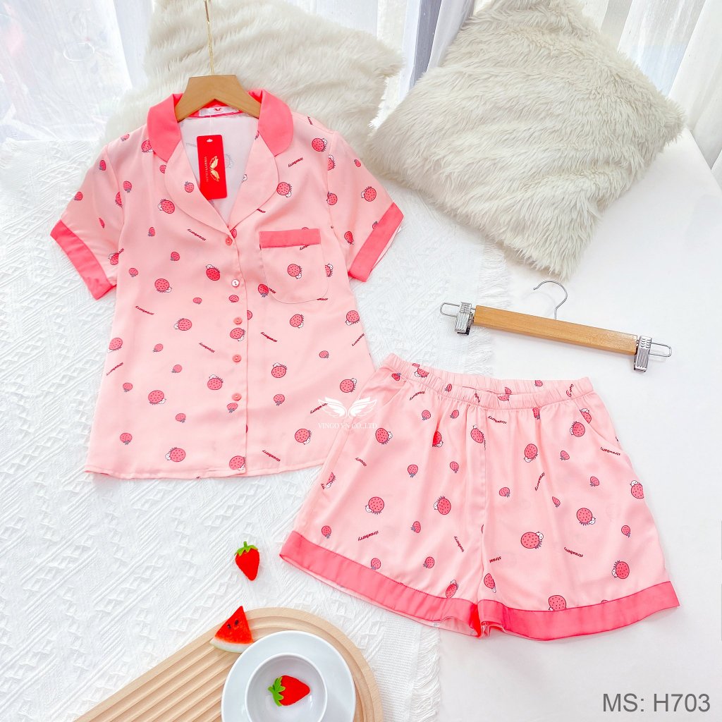 Đồ bộ mặc nhà Pijama lụa mặc nhà cao cấp VINGO tay ngắn quần đùi hoạ tiết đẹp H698 VNGO