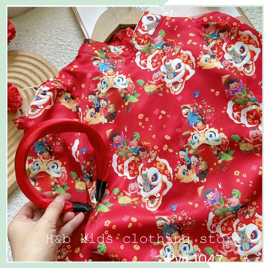 Áo dài đỏ cho bé gái, áo lụa dài tay in hình tết kèm quần suông và bờm đỏ cho bé gái BBG127