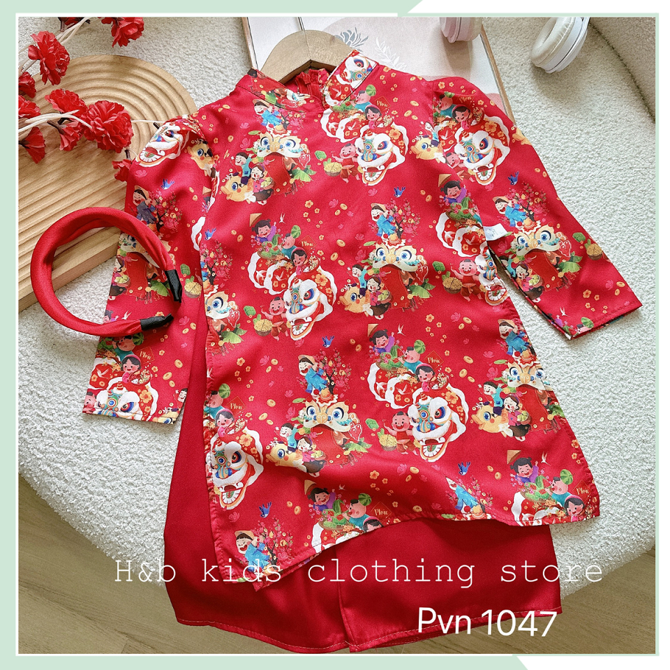 Áo dài đỏ cho bé gái, áo lụa dài tay in hình tết kèm quần suông và bờm đỏ cho bé gái BBG127