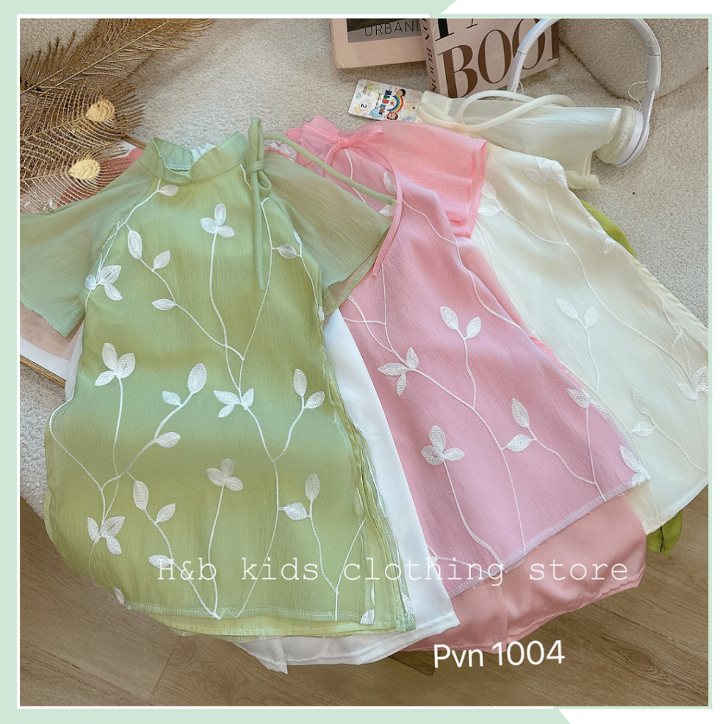 Sét áo dài cách tân cho bé gái, áo dài tơ thêu hoa tay lỡ phối quần lụa suông cho bé xinh điệu đà BBG128