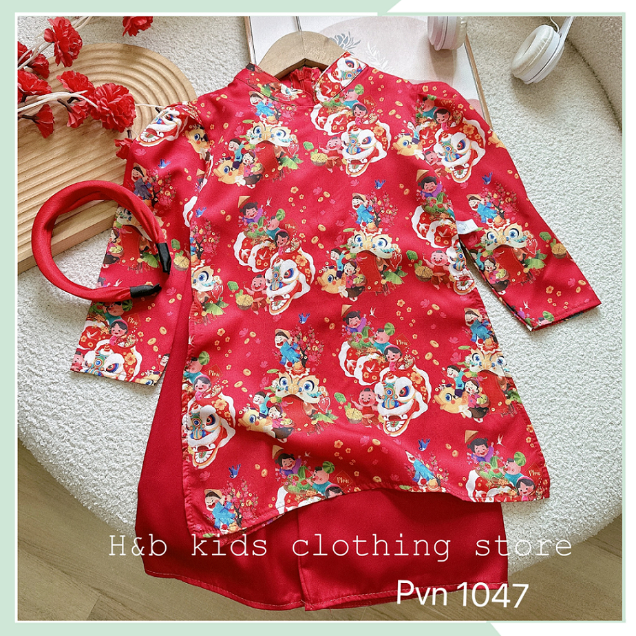 Áo dài đỏ cho bé gái, áo lụa dài tay in hình tết kèm quần suông và bờm đỏ cho bé gái BBG127