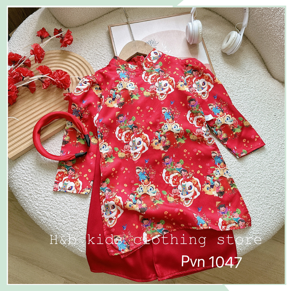 Áo dài đỏ cho bé gái, áo lụa dài tay in hình tết kèm quần suông và bờm đỏ cho bé gái BBG127