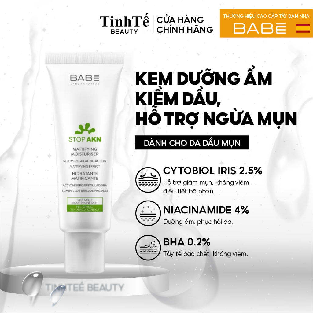 Kem dưỡng cho da dầu mụn BABÉ Stop AKN Mattifying Moisturiser 50ml