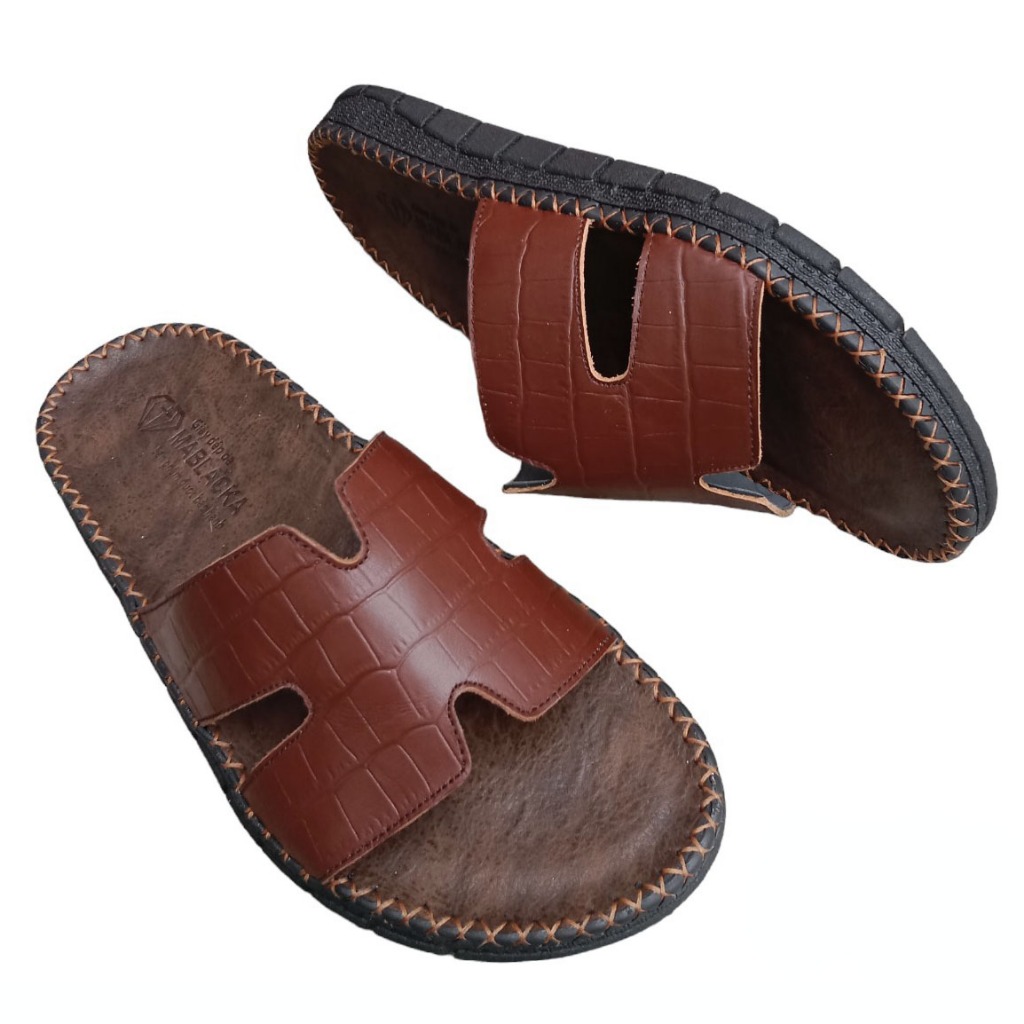 Dép da nam quai ngang da bò đế khâu thời trang nam tính H74