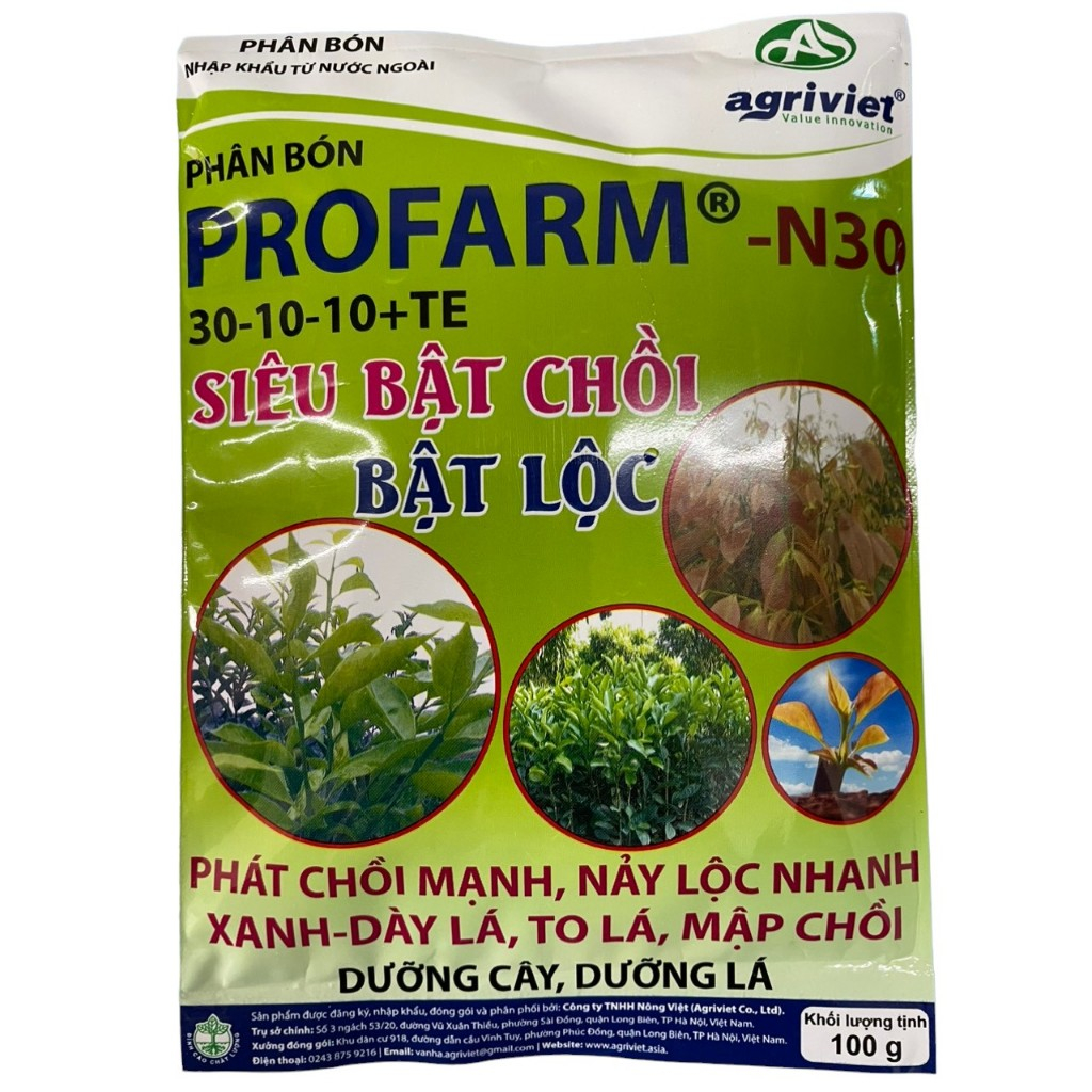 Phân bón lá cao cấp;· PROFARM- N30 30-10-10 + TE ; phân bón lá trung vi lượng; siêu vọt đọt; Siêu bật chồi, siêu bật lộc