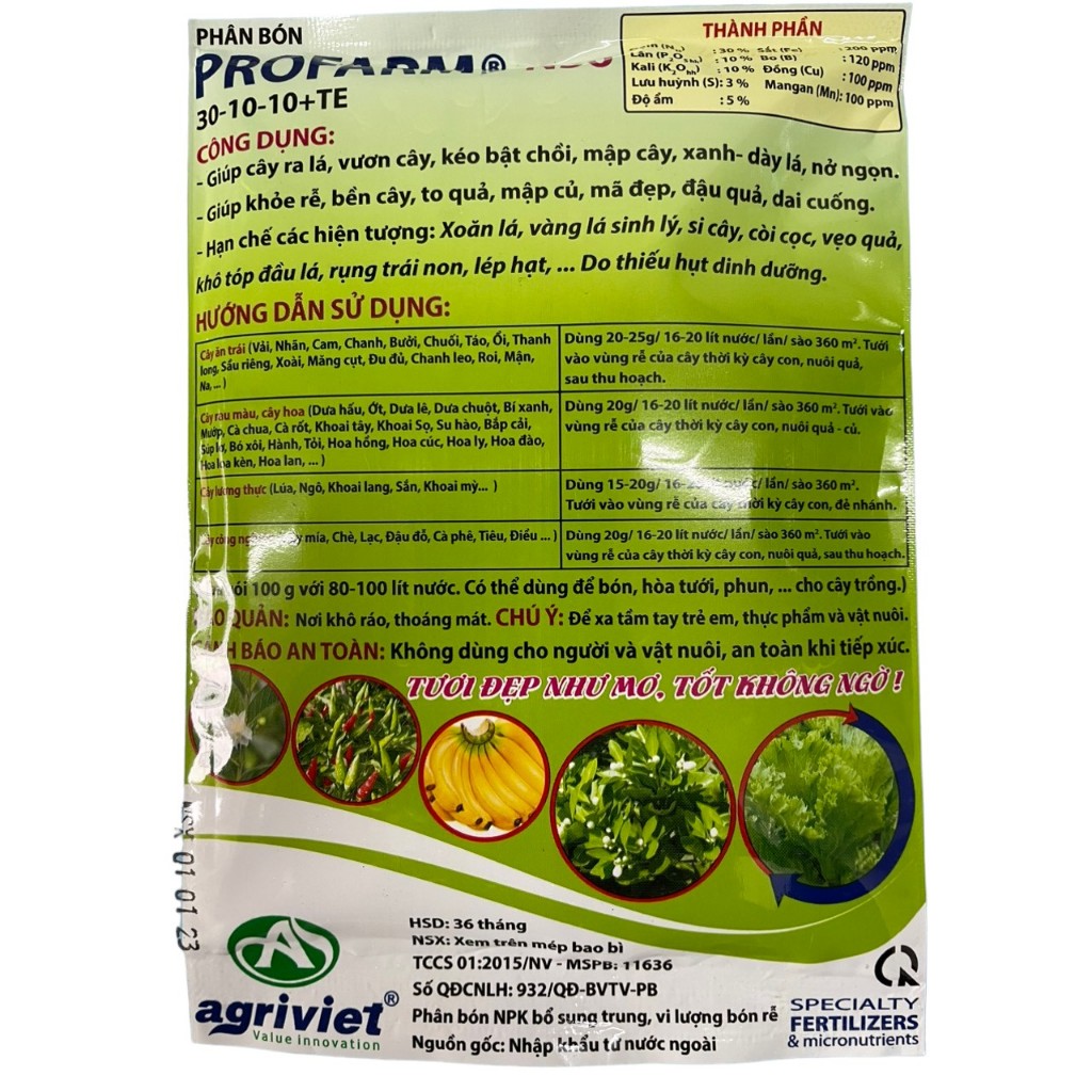 Phân bón lá cao cấp;· PROFARM- N30 30-10-10 + TE ; phân bón lá trung vi lượng; siêu vọt đọt; Siêu bật chồi, siêu bật lộc