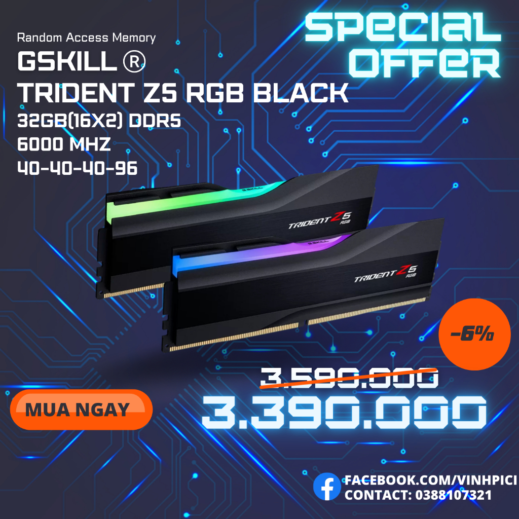 Ram G.SKILL TRIDENT Z5 RGB BLACK 32GB 6000MHz DDR5 (16GBx2) F5-6000J4040F16GX2-TZ5RK [NEW]