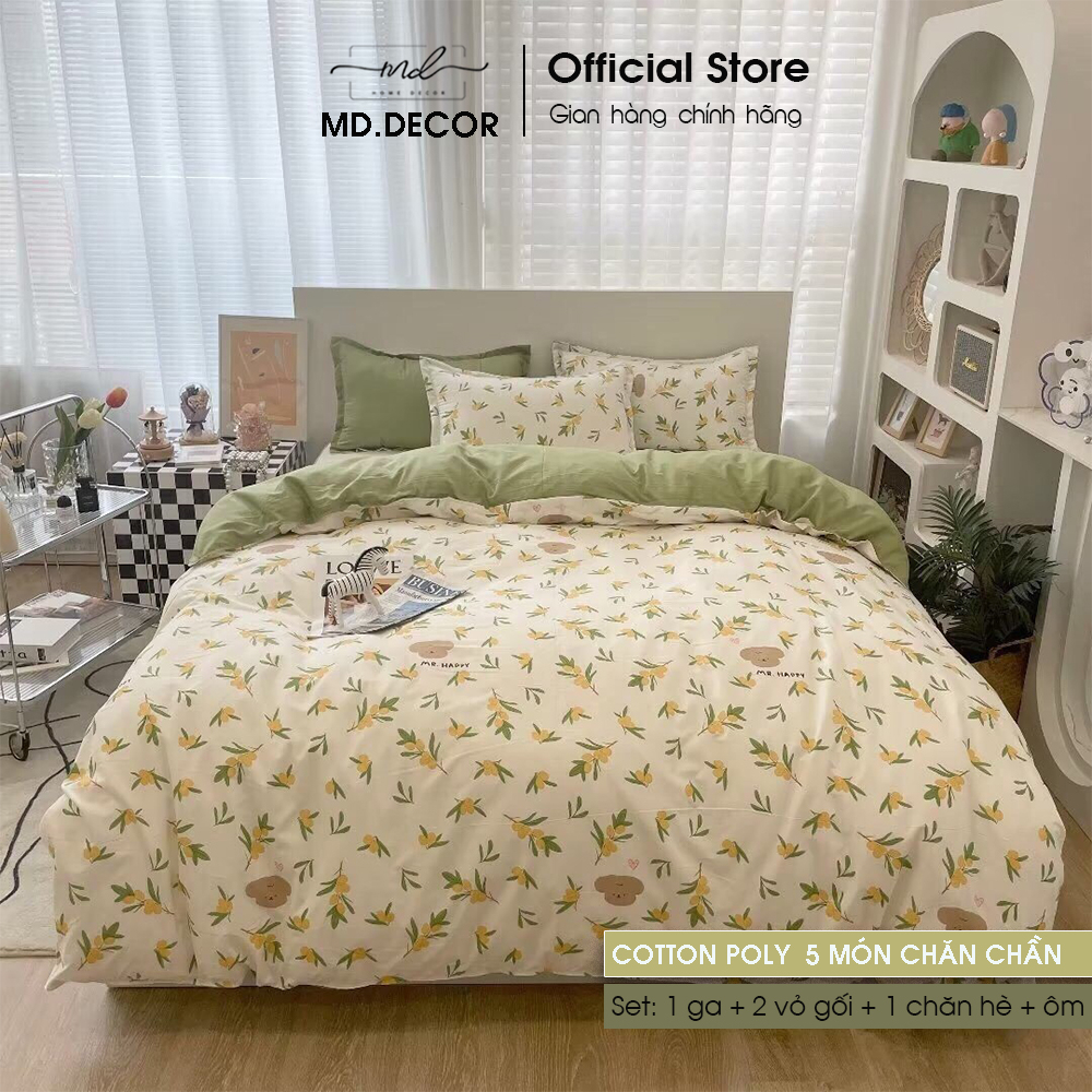 Bộ chăn ga gối cotton poly MD.Decor - Bedding 5 món họa tiết may bo chun nhiều kích thước nệm M4,M6,M8