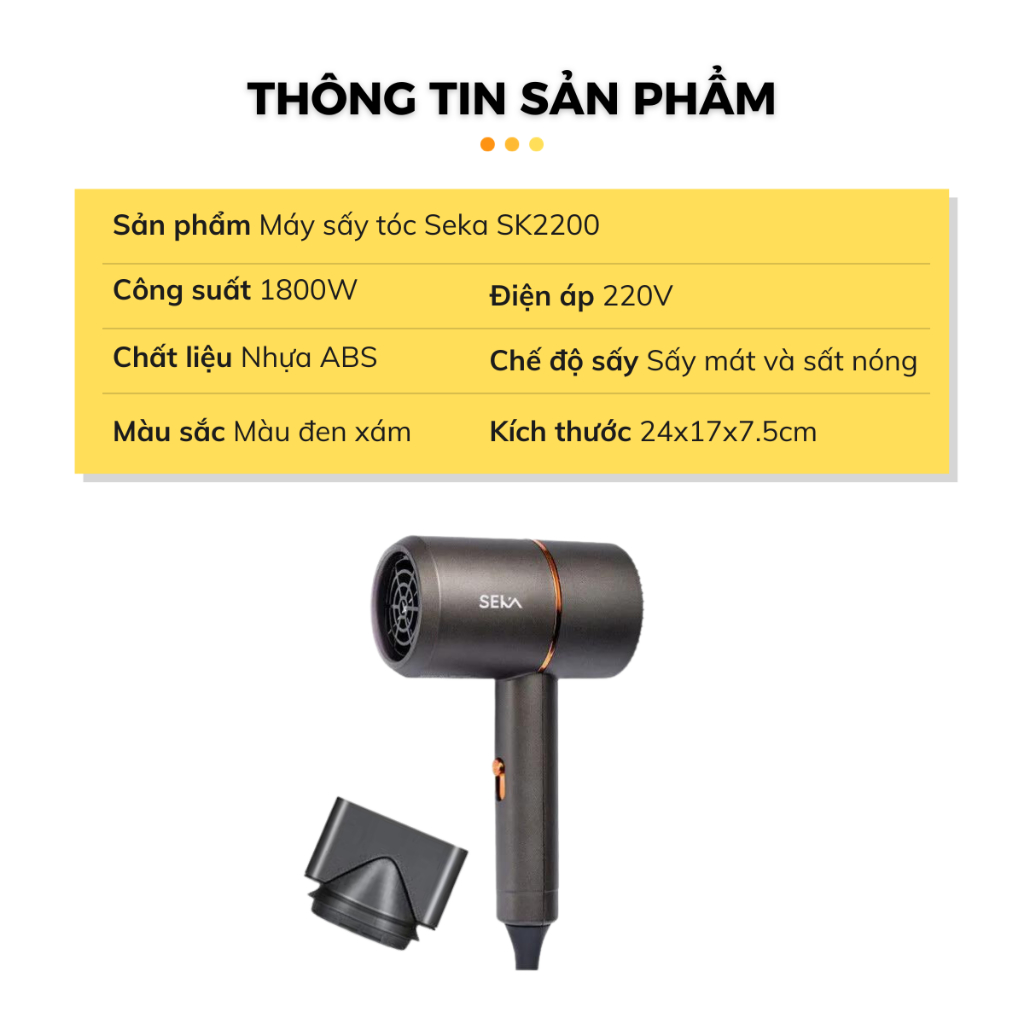 Máy sấy tóc 2 chiều SEKA công suất 1800W sấy nhanh khô, bảo hành chính hãng 12 tháng kèm mỏ vịt chăm sóc tóc chuẩn salon