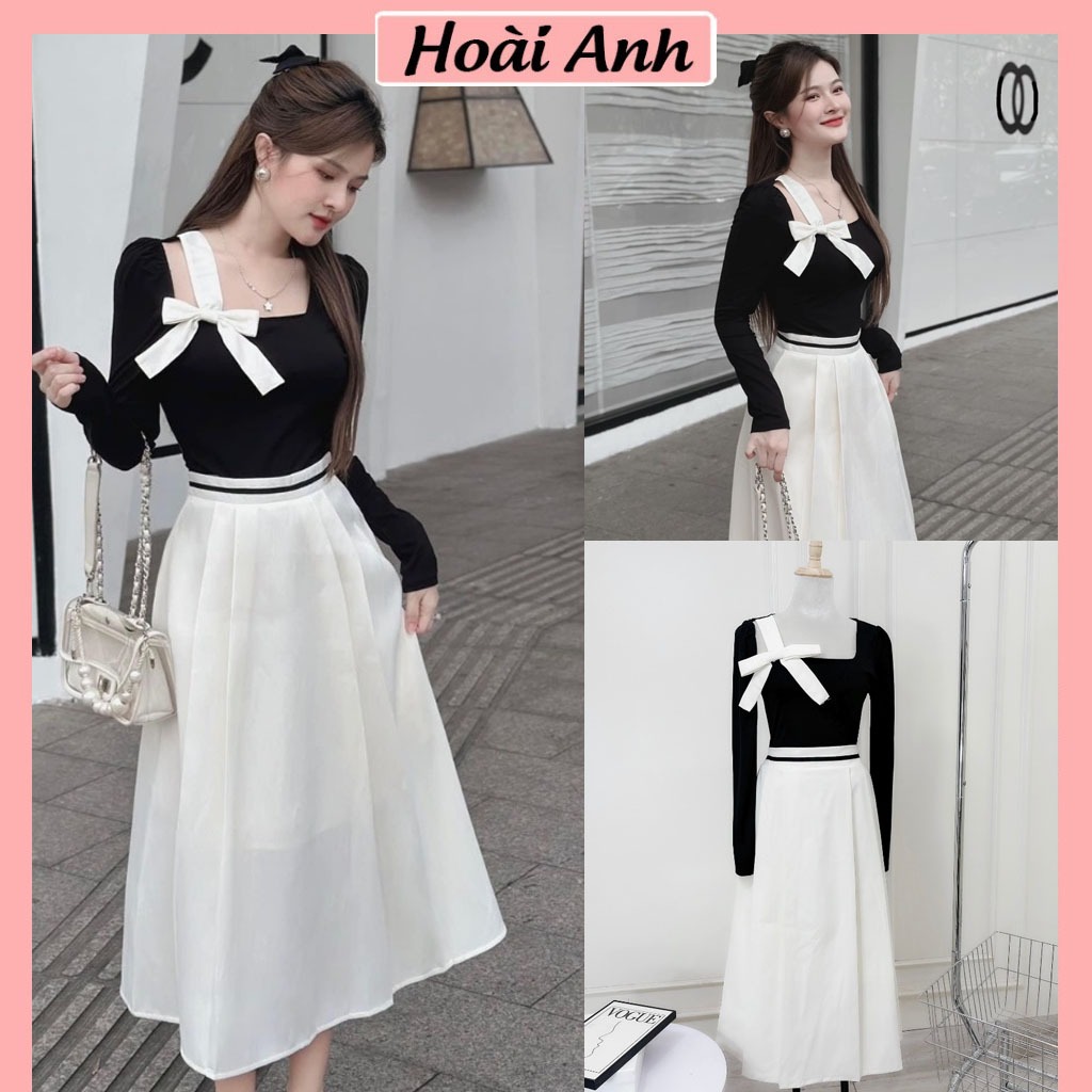 Set Bộ Đồ Nữ Áo Tăm Đen Dài Tay Ôm Body Cổ Vuông Nơ Trắng Mix Chân Váy Xếp Kem Dáng Dài Freesize