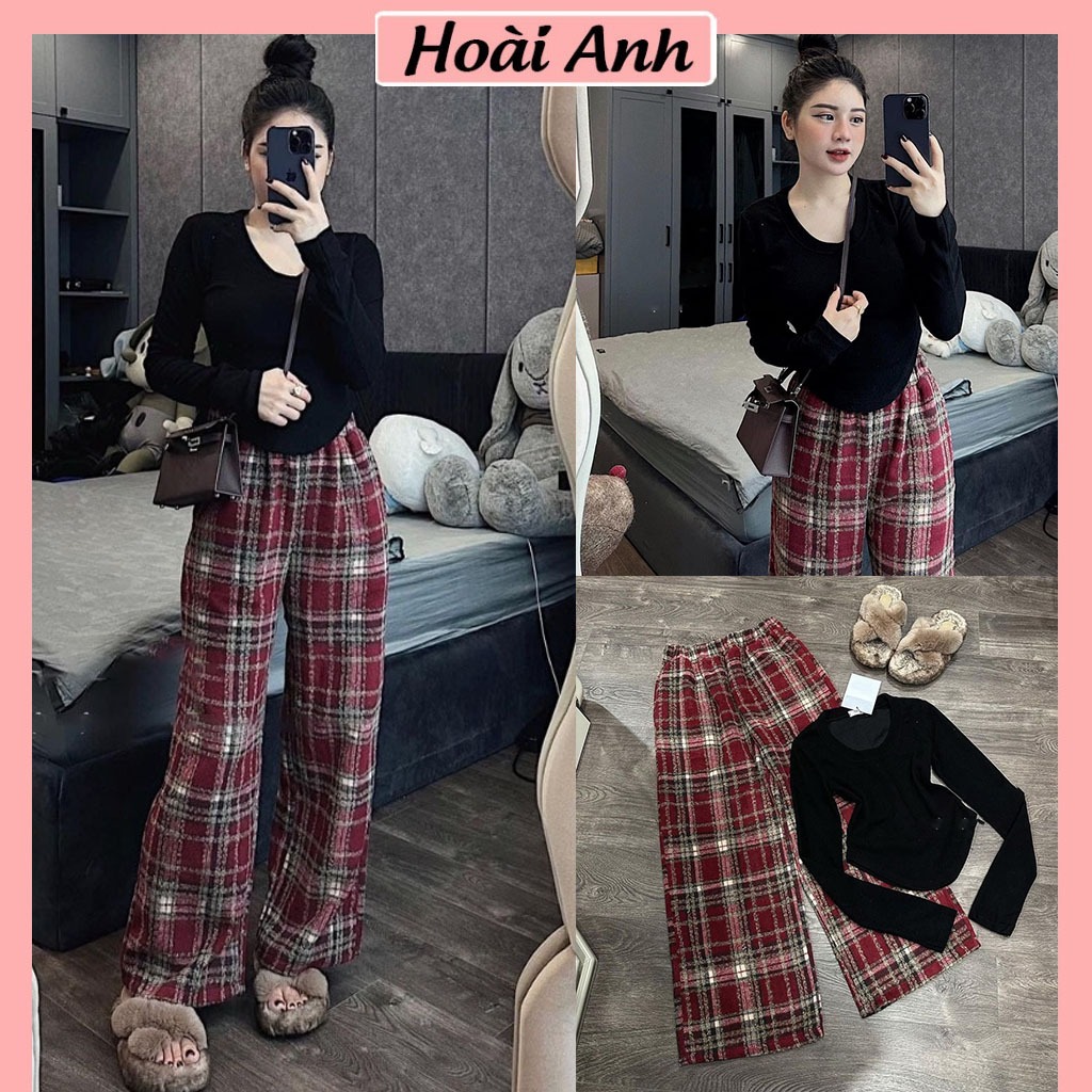 Set Bộ Đồ Nữ Áo Tăm Dài Tay Ôm Body Vạt Bầu Mix Quần Kẻ Caro Dạ Đỏ Ống Rộng Diện Noel Giáng Sinh Tết