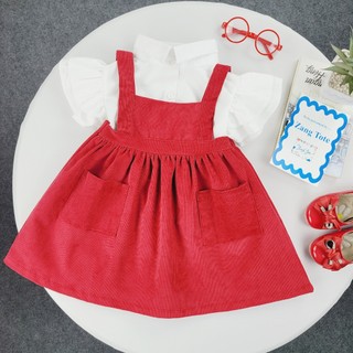 Nbo19 - sét váy yếm nhung + áo sơ mi cánh tiên cho bé gái size 10kg - 25kg
