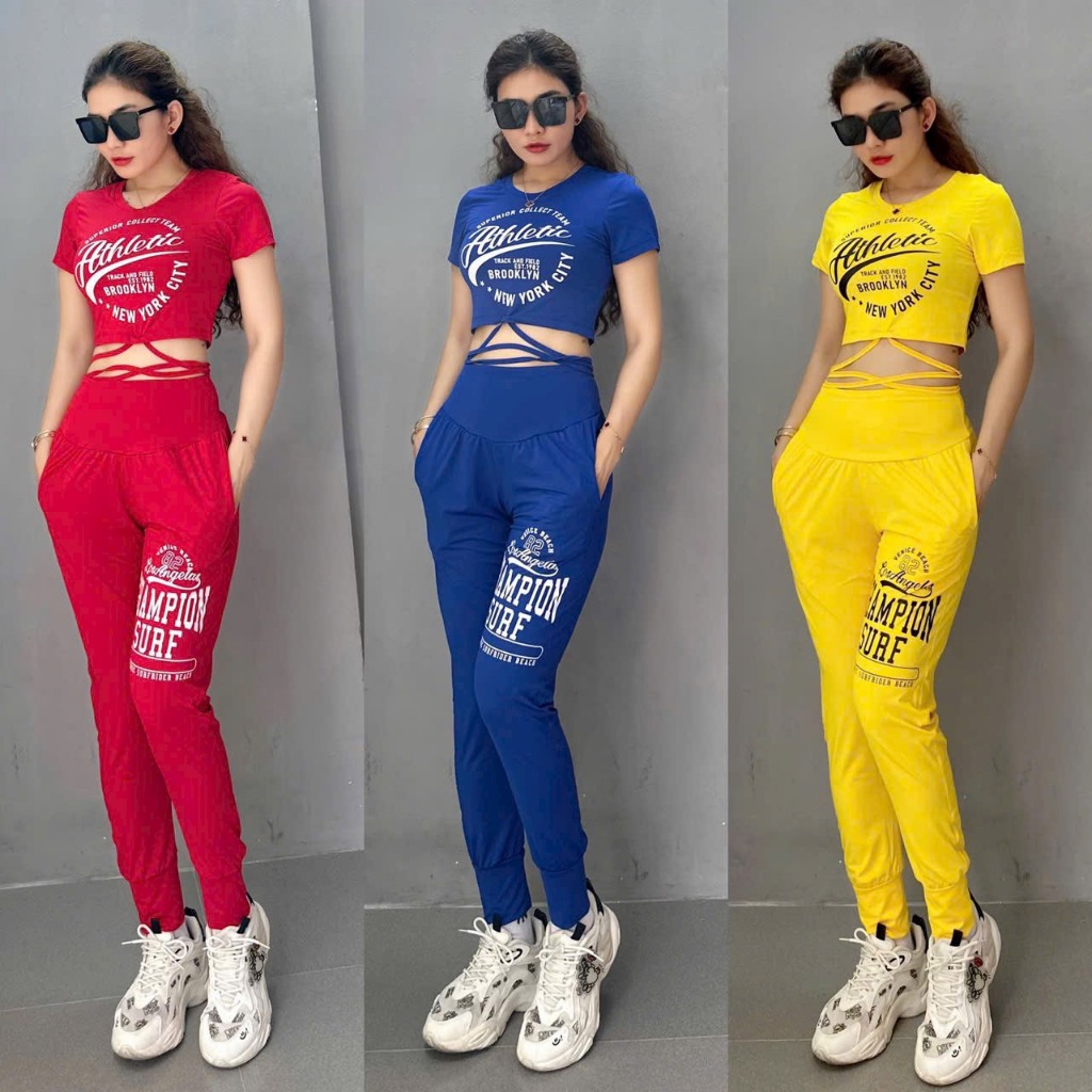 Bộ Đồ Thể Thao Nữ Áo Croptop Quần Dài Alibaba Nhiều Màu Tập Gym Yoga Đi Chơi