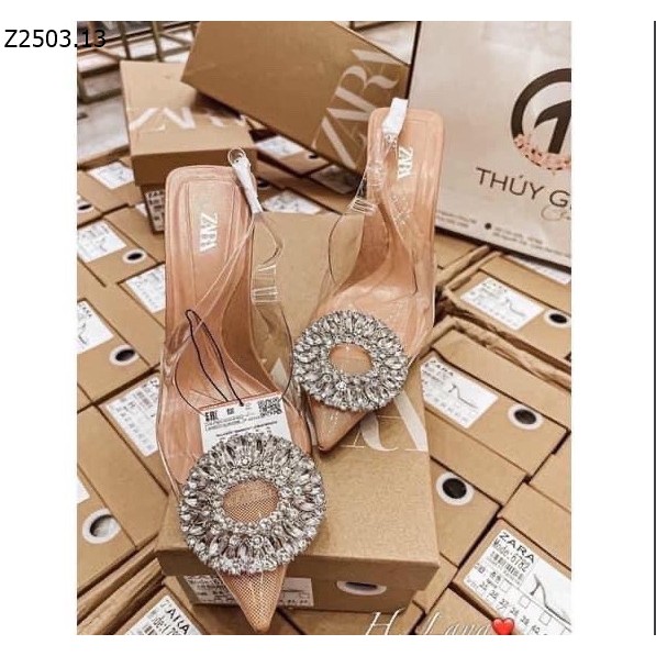 Giày cao gót nữ mũi nhọn mica trong suốt quai hậu slingback đính khuy đá tròn gót nhọn za.ra zr Ailee [6782]