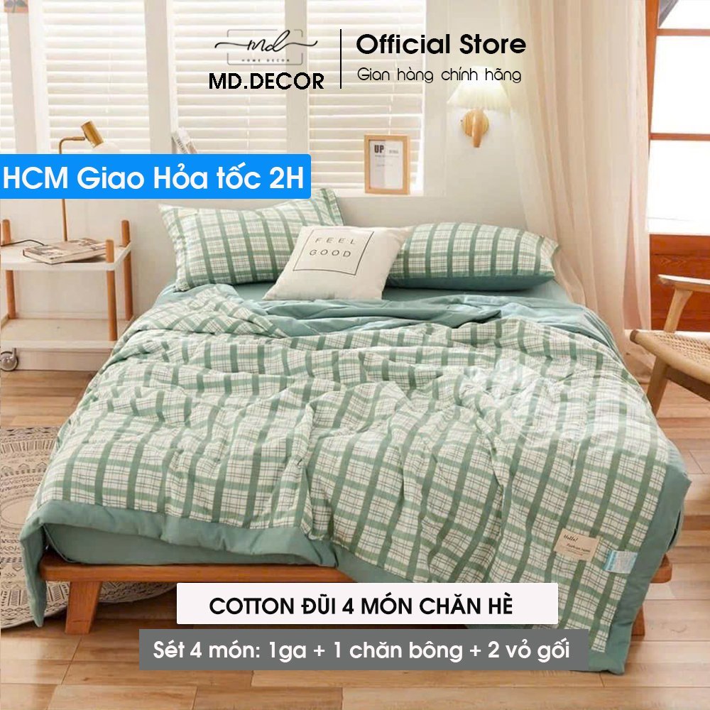 Bộ Chăn Chần Ga Giường Vỏ Gối 4 Món Cotton Đũi MD.DECOR - Bedding Caro kẻ Vintage nhiều size nệm m4 m6 m8