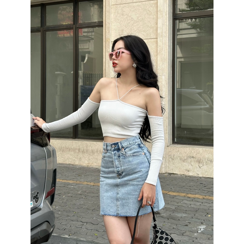 Mango Đức - Chân váy jean chữ A ngắn màu xanh denim nhạt mini bò ôm body auth new tag cao cấp chính hãng 17010803002