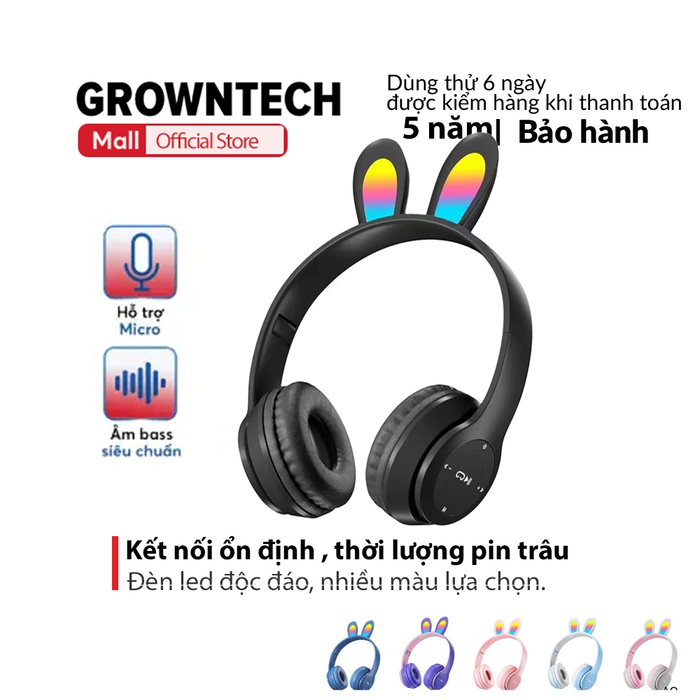 Tai nghe gaming bluetooth chụp tai P47R có thể gập lại, tai thỏ dễ thương, đèn led, có miếng đệm tai GrownTech