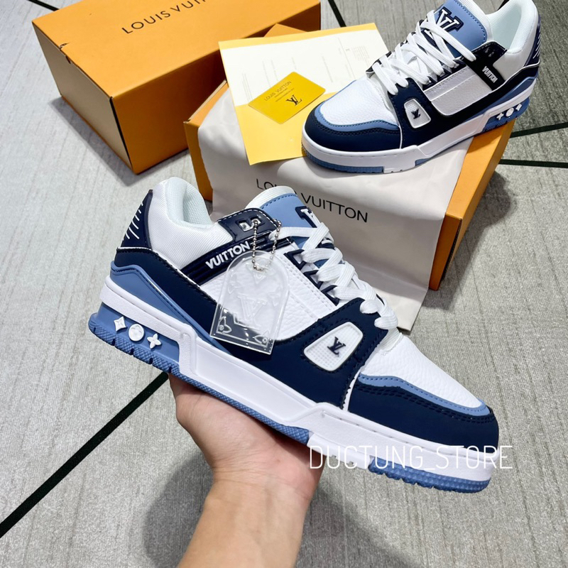Giày louis vuitton trainer trắng xanh blue, giày LV xanh dương bản cao cấp sang trọng đầy đủ phụ kiện full size nam nữ