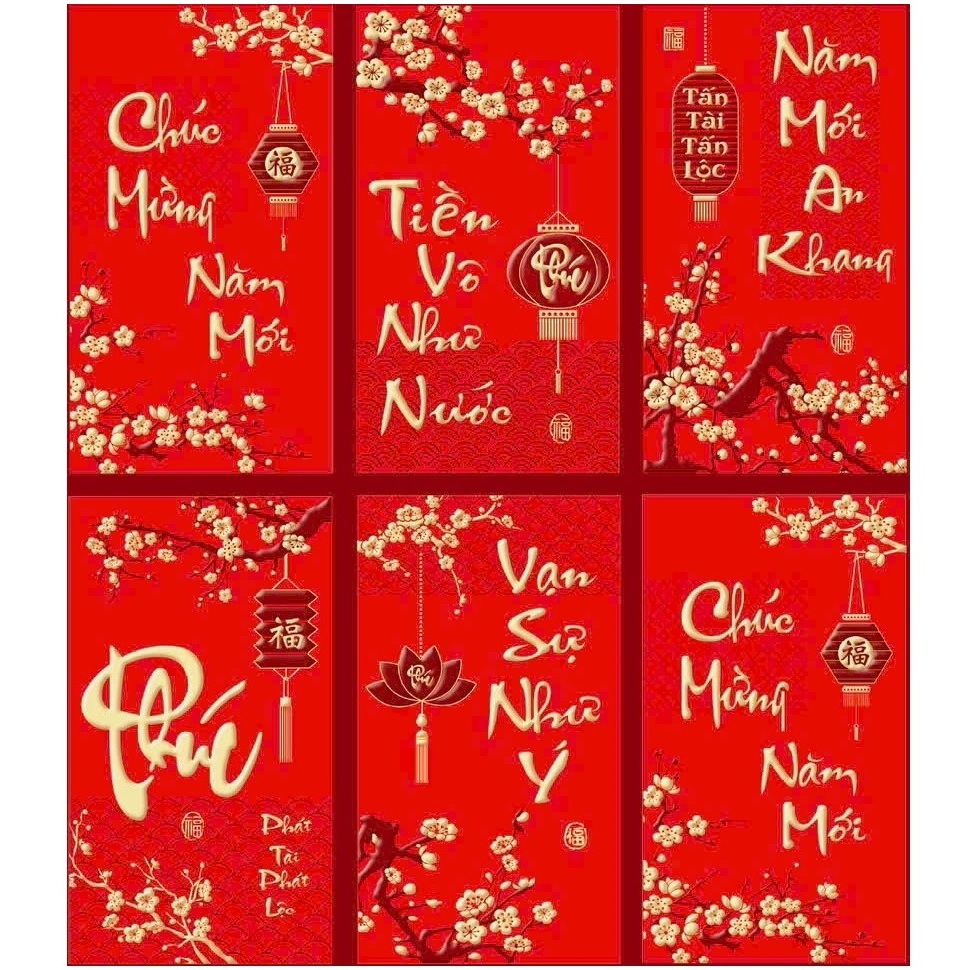 Tập 6 bao lì xì tết 2024 nhiều lớp màu đỏ nhung chữ vàng / Lì xì tết 6 cái / tập