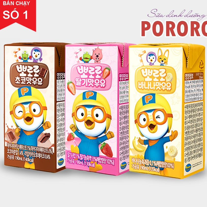 Sữa Dinh Dưỡng Pororo Hàn Quốc Vị Chuối/ Dâu/ Socola, Sữa Tươi Pororo Hộp 190ml