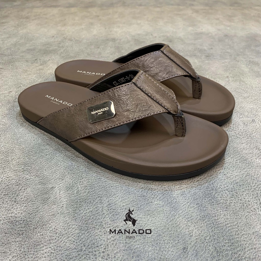 Dép xỏ ngón, dép quai kẹp nam cao cấp Manado Mã MND09 Màu nâu fullbox, quai da mềm mại, đế cao su thiết kế chắc chắn