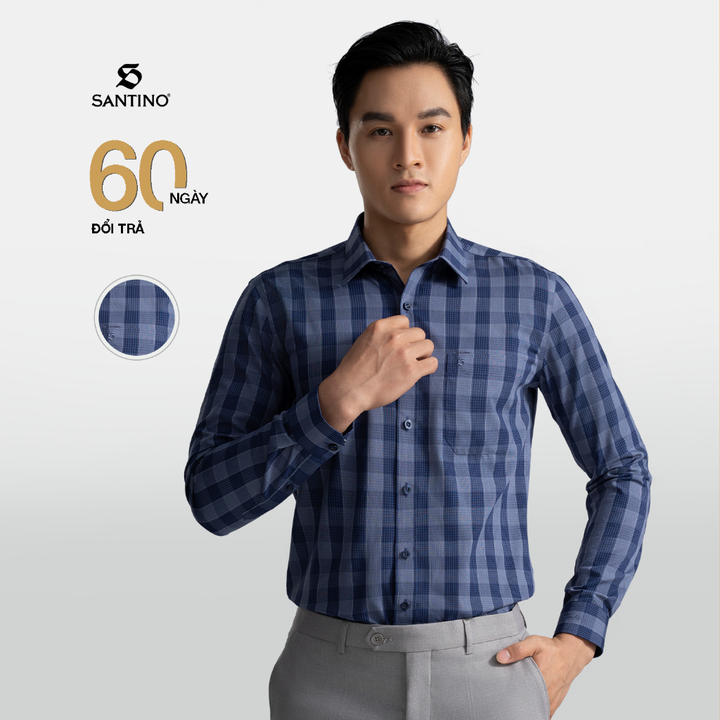 Áo Sơ Mi Nam Dài Tay SANTINO Kẻ Caro cao cấp, chất liệu Sợi Tre Thoáng Mát, Chuẩn Công Sở, Lịch Lãm 677