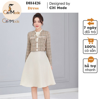 Đầm công sở CITI MODE FASHION thiết kế dáng xoè dạ tweed trắng phối áo ngoài kẻ DH4426