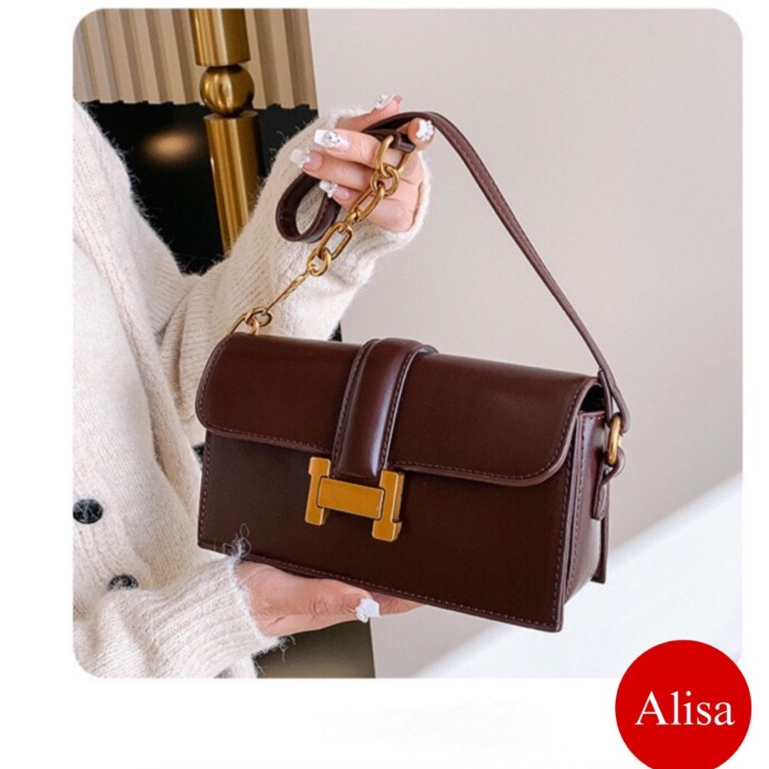 Túi da đeo chéo khóa chữ H , tặng kèm dây ngắn phối xích đeo vai hàng đẹp SL130