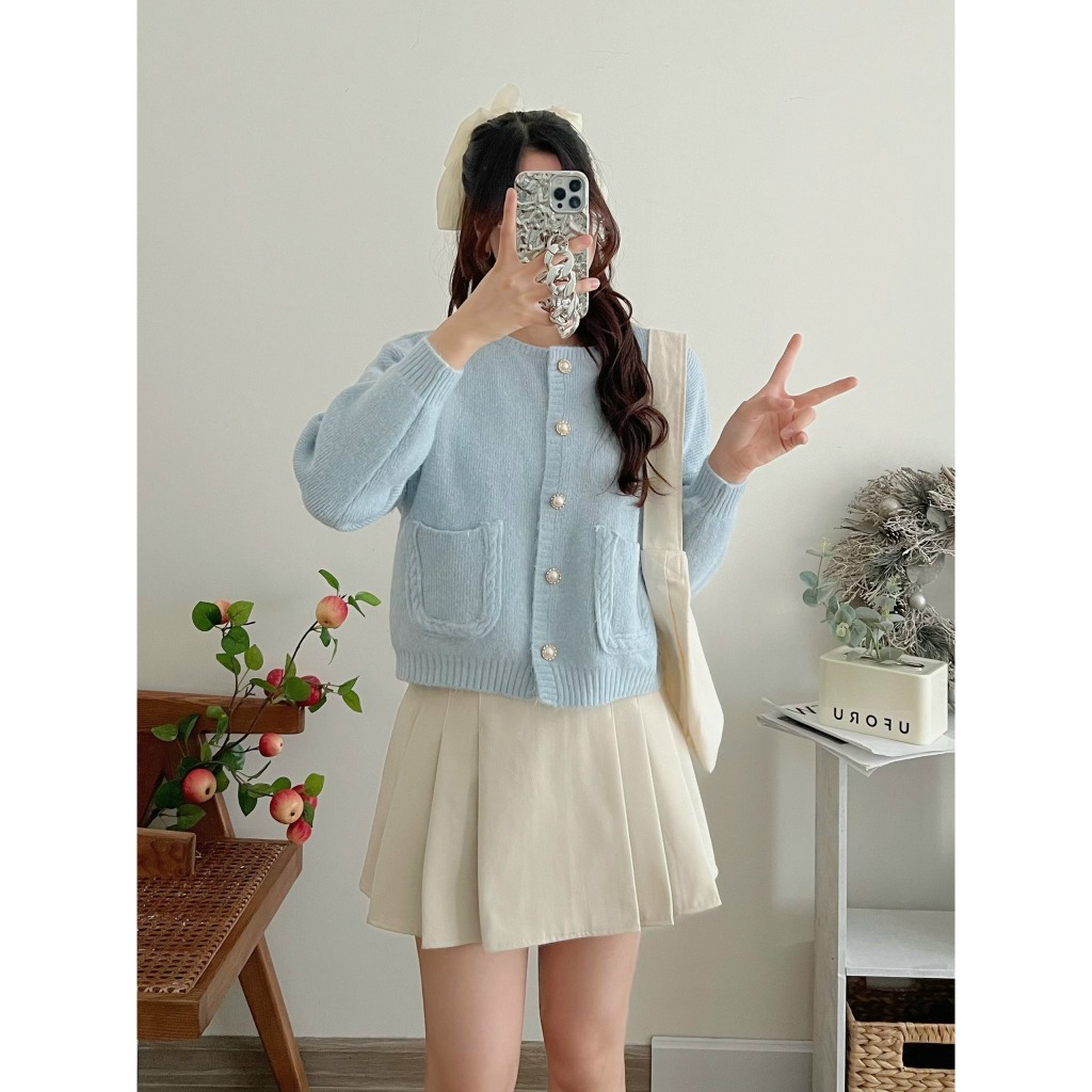 Áo Khoác Cardigan len Cúc Ngọc Tiểu Thư, áo cardigan len trơn phối túi trước siêu dễ thương siêu sah chảnh TX 48
