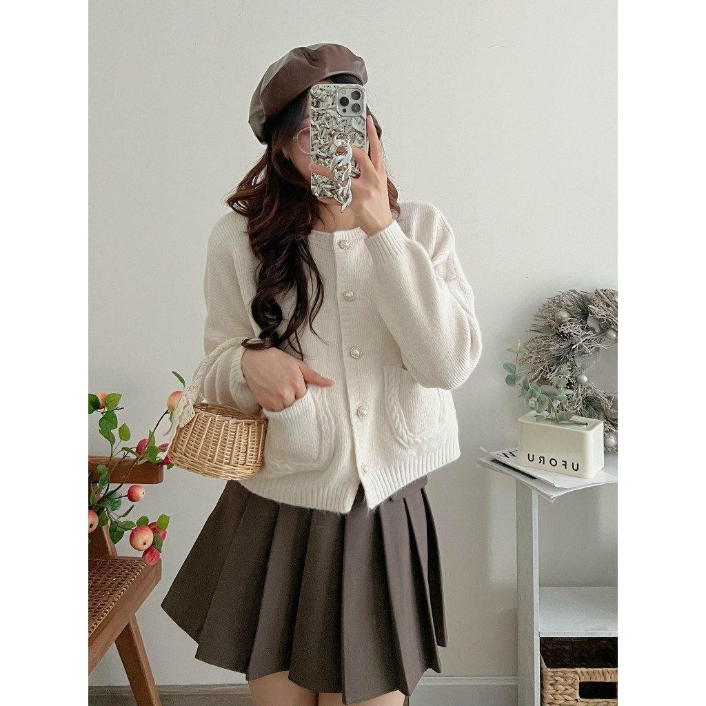 Áo Khoác Cardigan len Cúc Ngọc Tiểu Thư, áo cardigan len trơn phối túi trước siêu dễ thương siêu sah chảnh TX 48