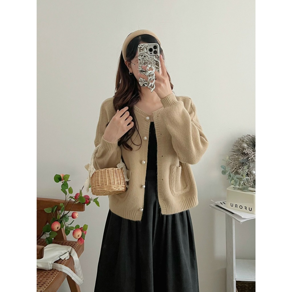 Áo Khoác Cardigan len Cúc Ngọc Tiểu Thư, áo cardigan len trơn phối túi trước siêu dễ thương siêu sah chảnh TX 48