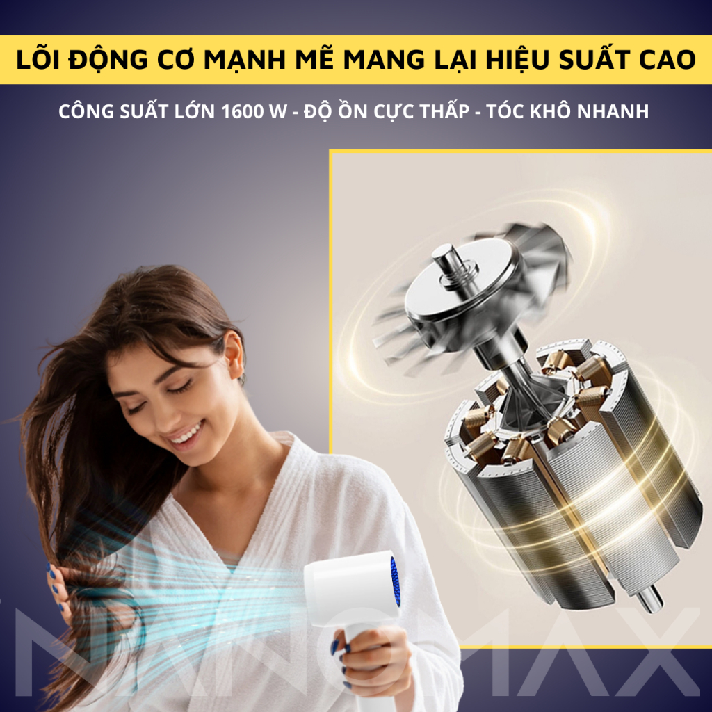 Máy Sấy Tóc NANOMAX FP-V6 Hai Chiều Nóng Lạnh, Công Suất 1600W Có Chế Độ Sấy Cho Trẻ Em, Đèn Led Báo Mức Nhiệt