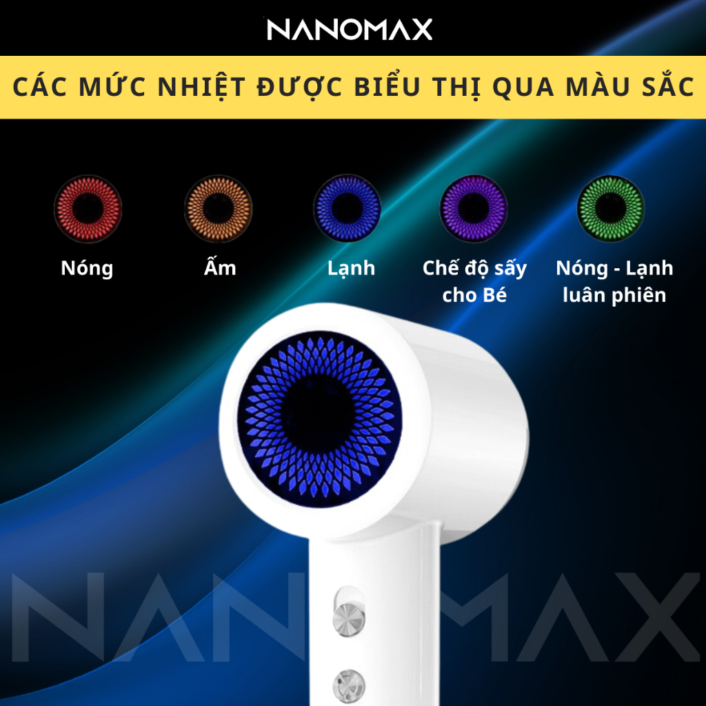 Máy Sấy Tóc NANOMAX FP-V6 Hai Chiều Nóng Lạnh, Công Suất 1600W Có Chế Độ Sấy Cho Trẻ Em, Đèn Led Báo Mức Nhiệt