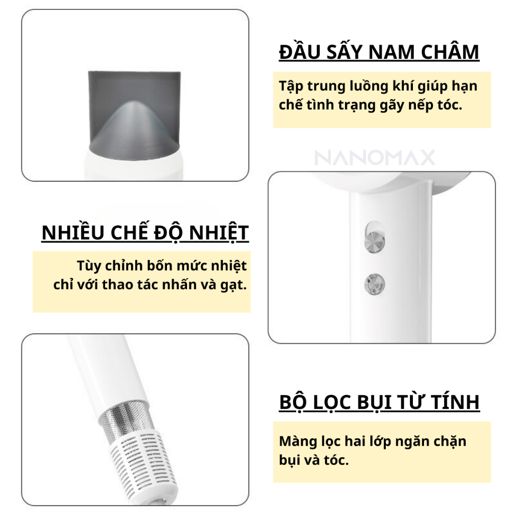 Máy Sấy Tóc NANOMAX FP-V6 Hai Chiều Nóng Lạnh, Công Suất 1600W Có Chế Độ Sấy Cho Trẻ Em, Đèn Led Báo Mức Nhiệt