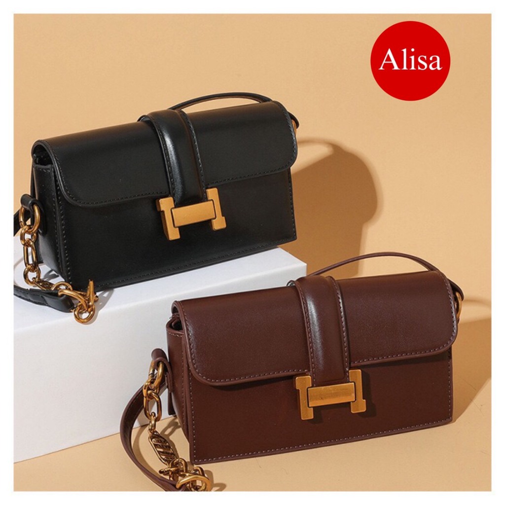 Túi da đeo chéo khóa chữ H , tặng kèm dây ngắn phối xích đeo vai hàng đẹp SL130