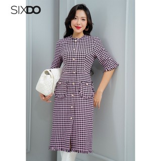 Đầm midi tweed black & pink tay lửng sixdo